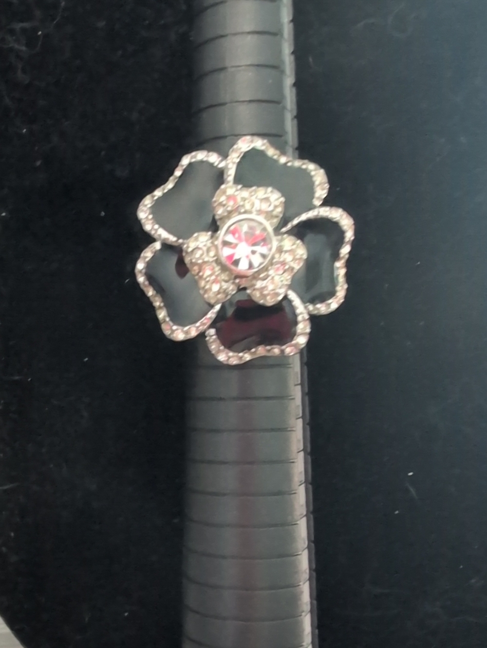 Lia Sophia Black Enamel and Silver Flower Ring